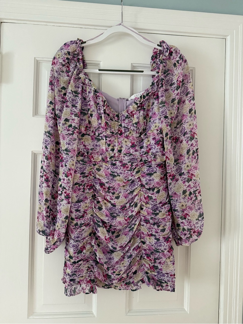 ASTR the Label Ruched Long Sleeve Minidress in Purple Fuchsia Floral